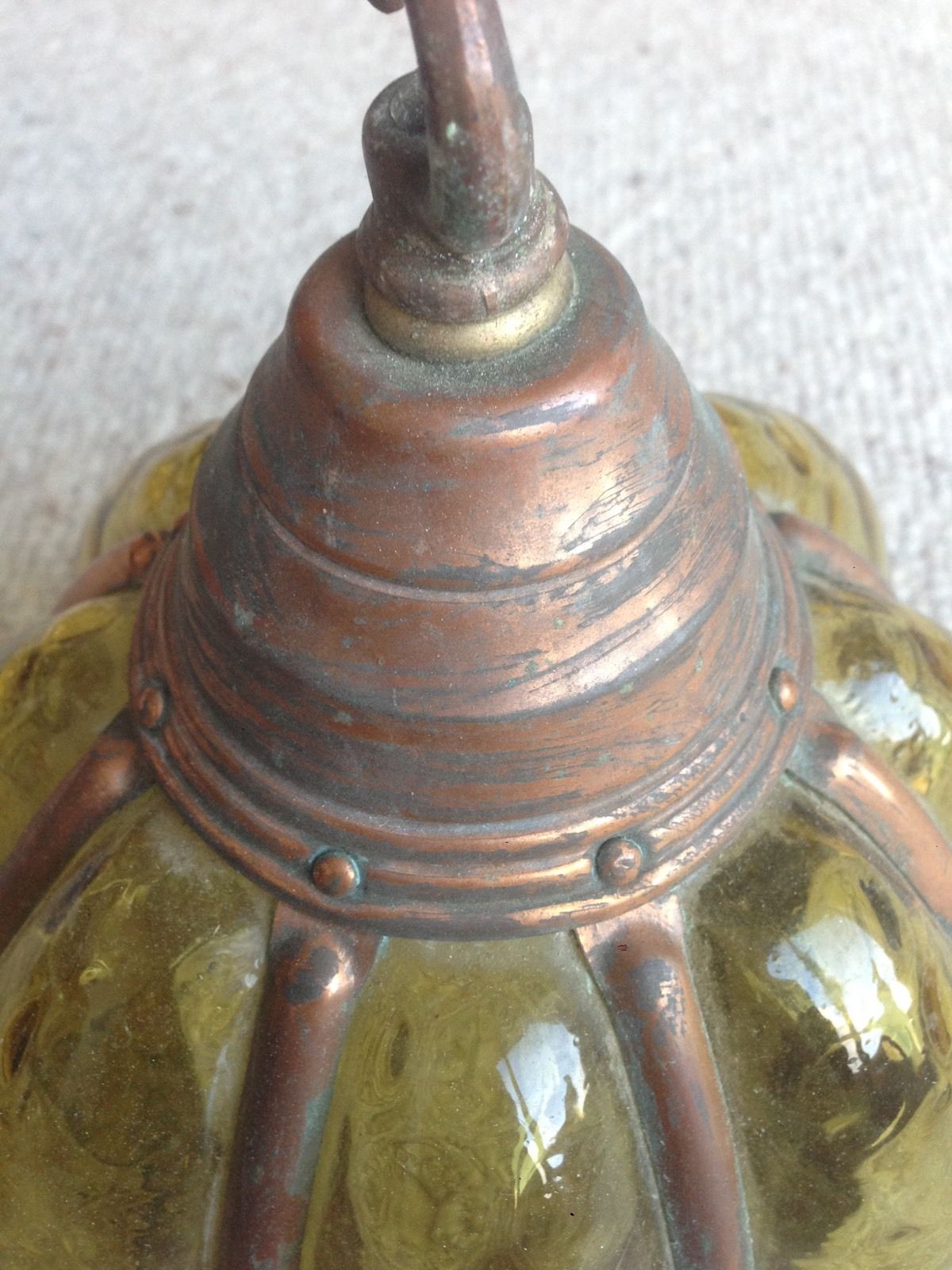 Antique 1900s Arts Crafts Green Glass And Copper Lantern Light