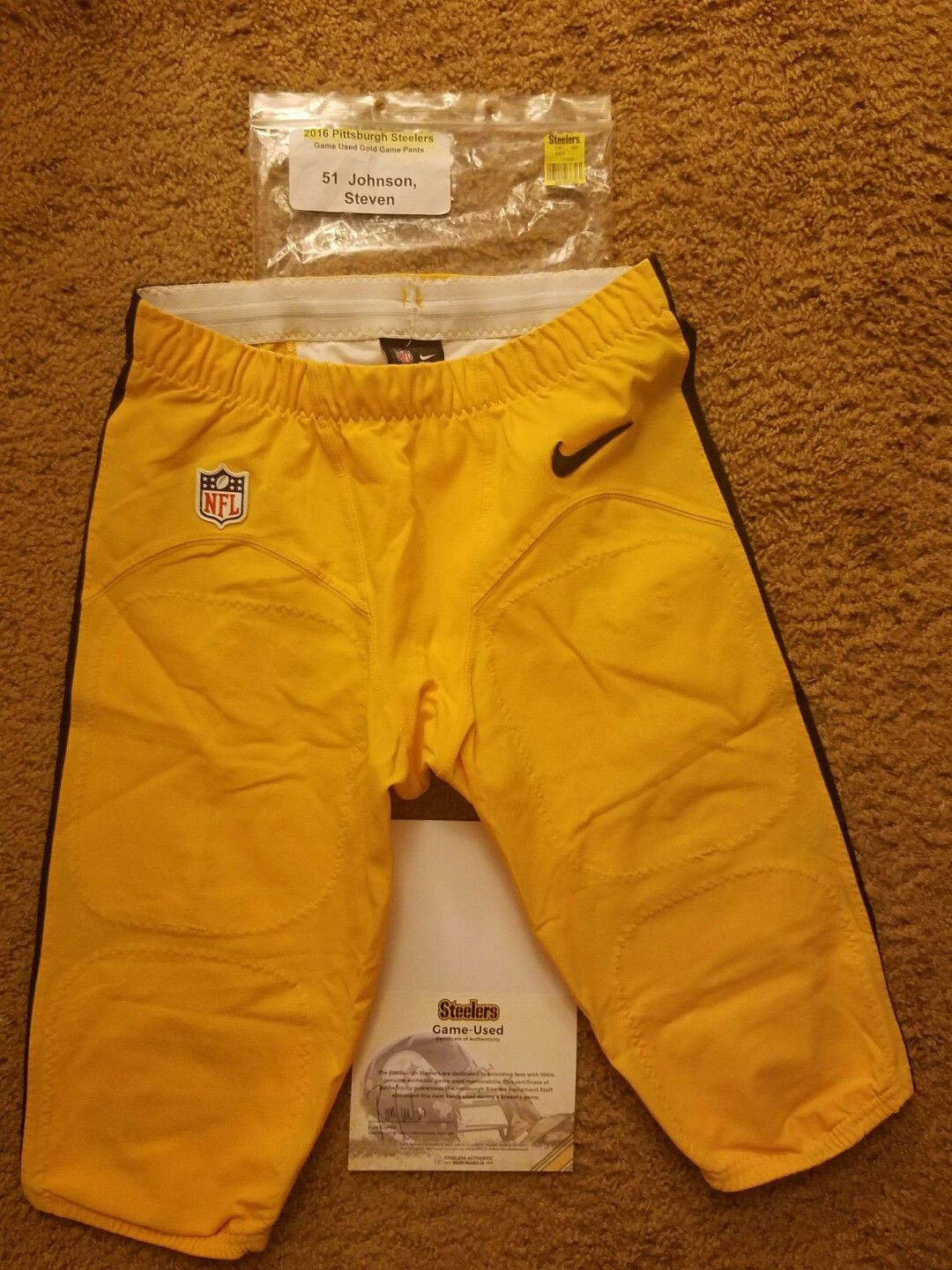 Pittsburgh Steelers 2016 Game Used Gold Pants #51 Stevan Johnson Nike Sz 34 COA