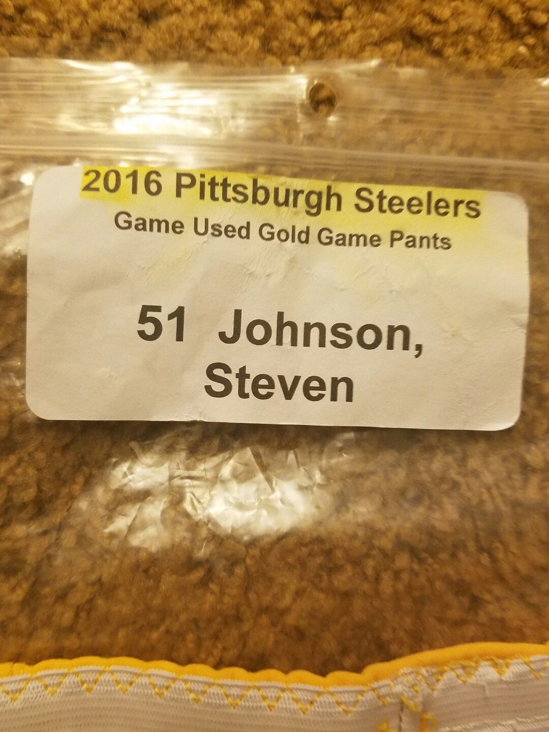 Pittsburgh Steelers 2016 Game Used Gold Pants #51 Stevan Johnson Nike Sz 34 COA