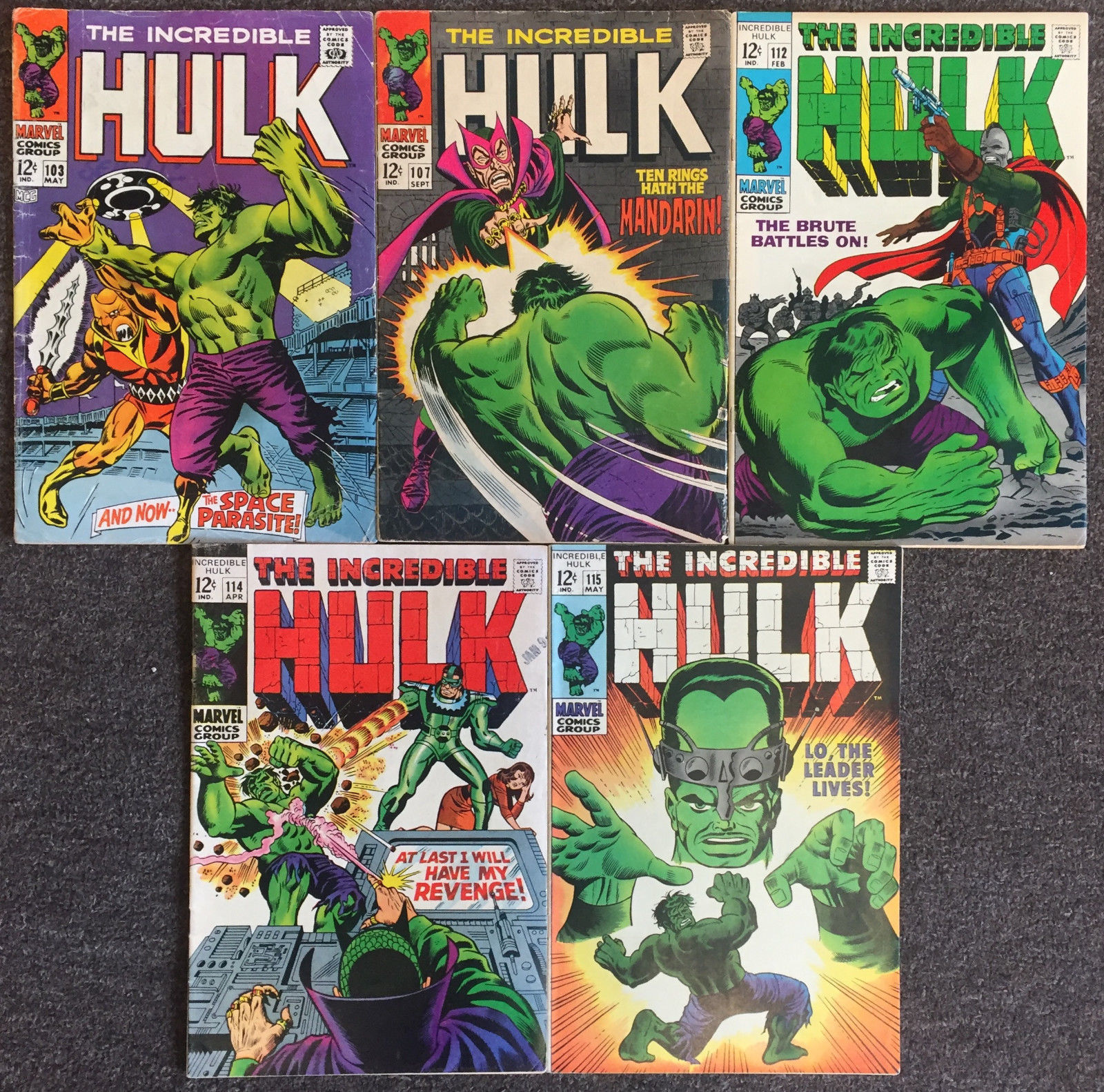 5 The Incredible Hulk 1st Series lot 103,107,112,114,115 VG+/FN+ Fine+ Marvel