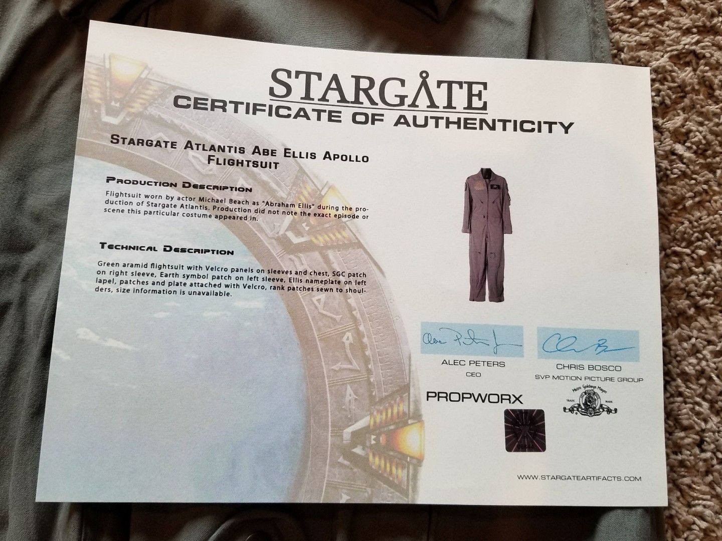 stargate atlantis prop Abe Ellis apollo flightsuit W/ COA