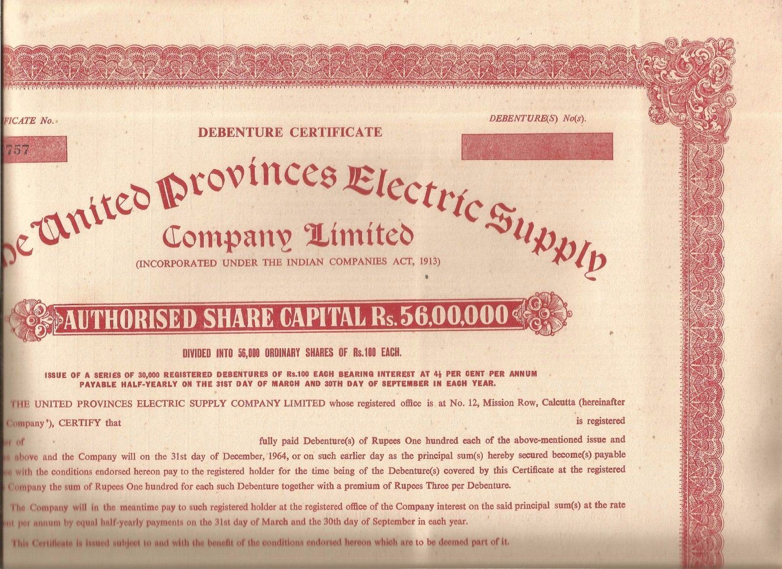 India share certificate: The United Provinces Electric Supply Company Limited