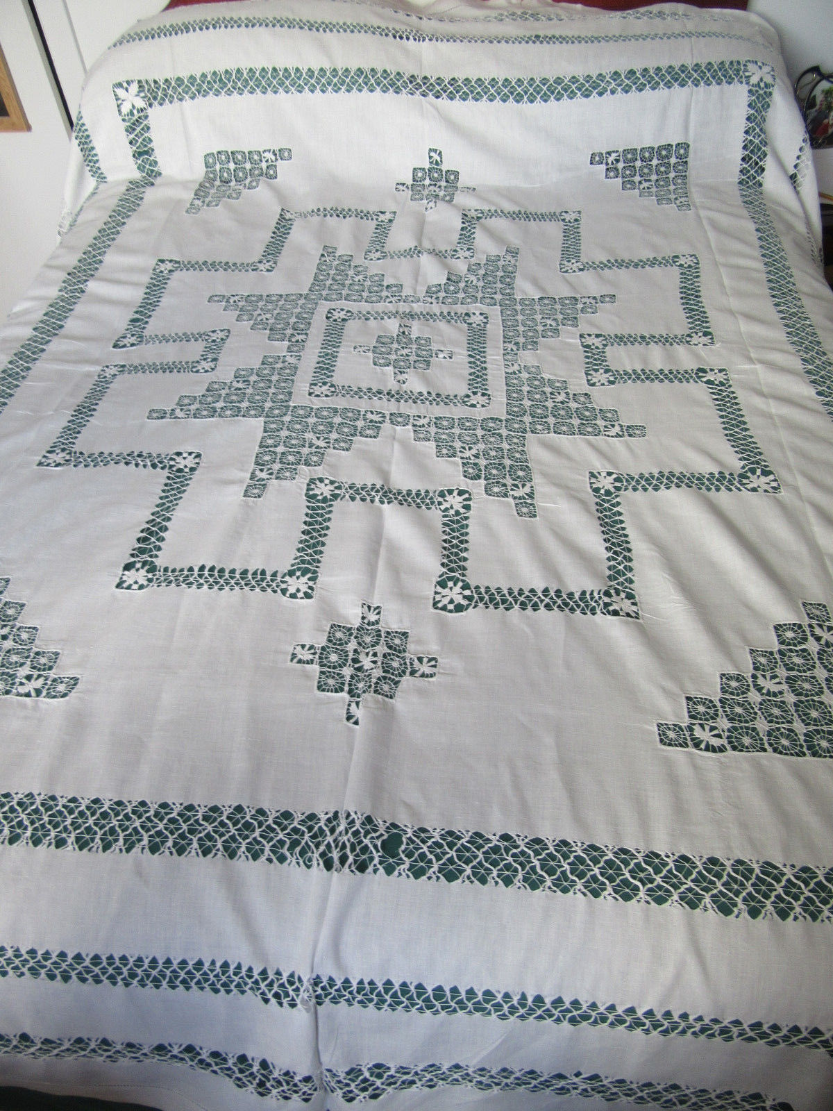 Antique white linen double bed size bedspread drawnthread embroidery 200 x 240 c