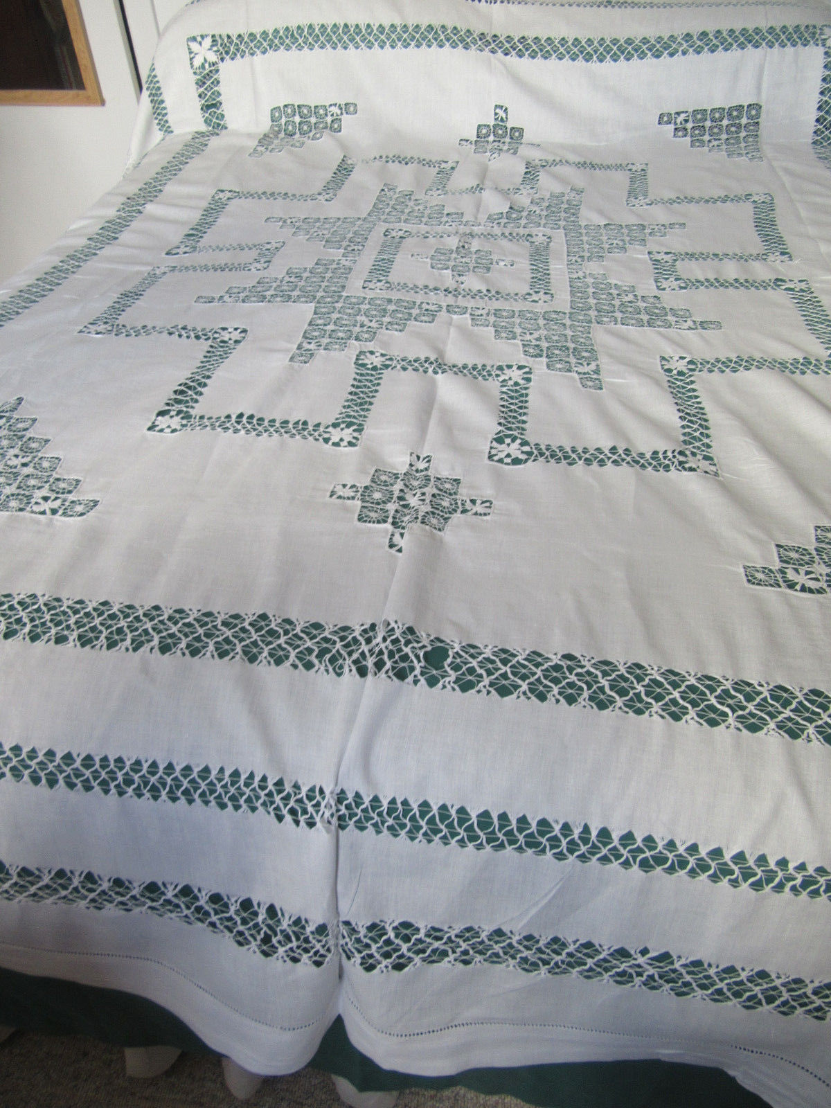 Antique white linen double bed size bedspread drawnthread embroidery 200 x 240 c