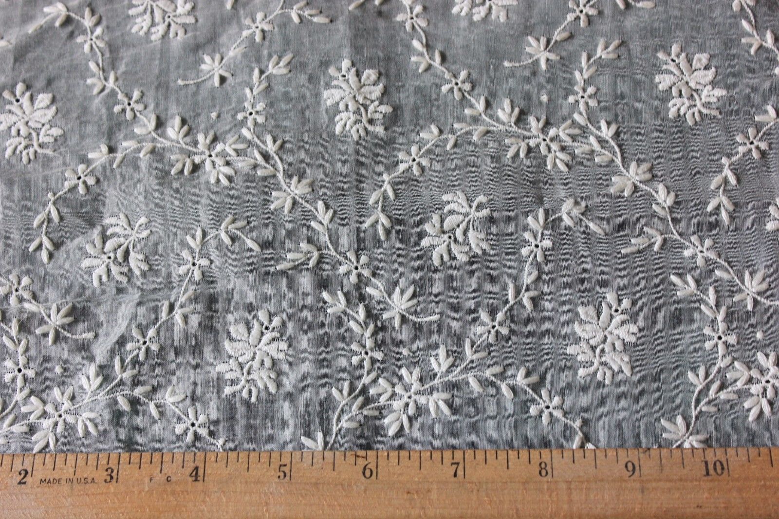 Antique Swiss White Floral Embroidery On Cotton Batiste Fabric c1900-1910~Dolls