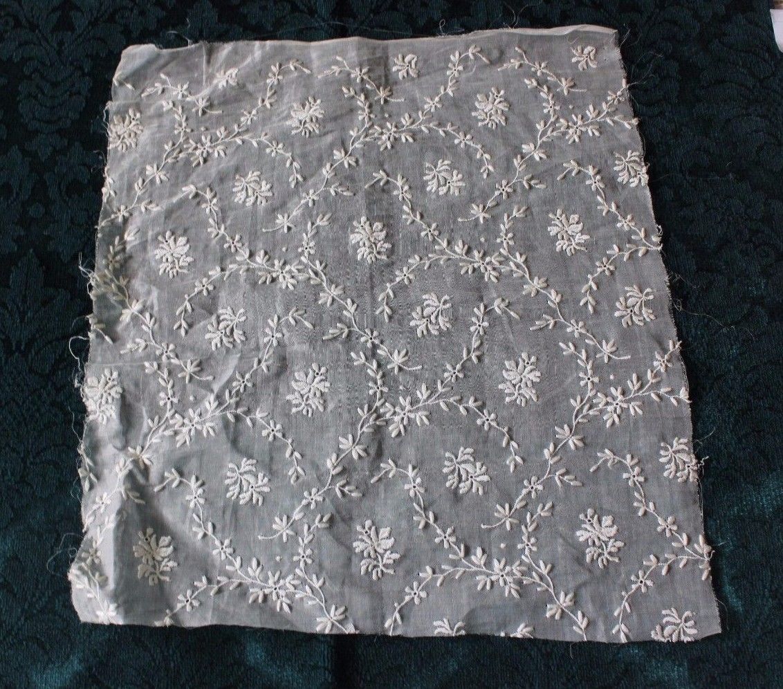 Antique Swiss White Floral Embroidery On Cotton Batiste Fabric c1900-1910~Dolls