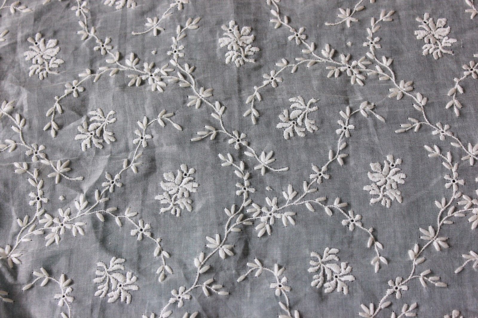 Antique Swiss White Floral Embroidery On Cotton Batiste Fabric c1900-1910~Dolls