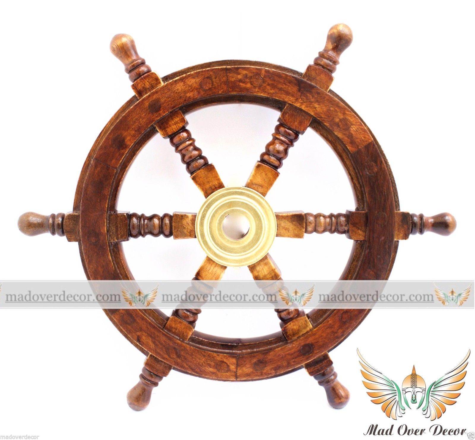 NAUTICAL WOODEN SHIP STEERING WHEEL PIRATE DECOR WOOD BRASS WALL BOAT CAPTAIN