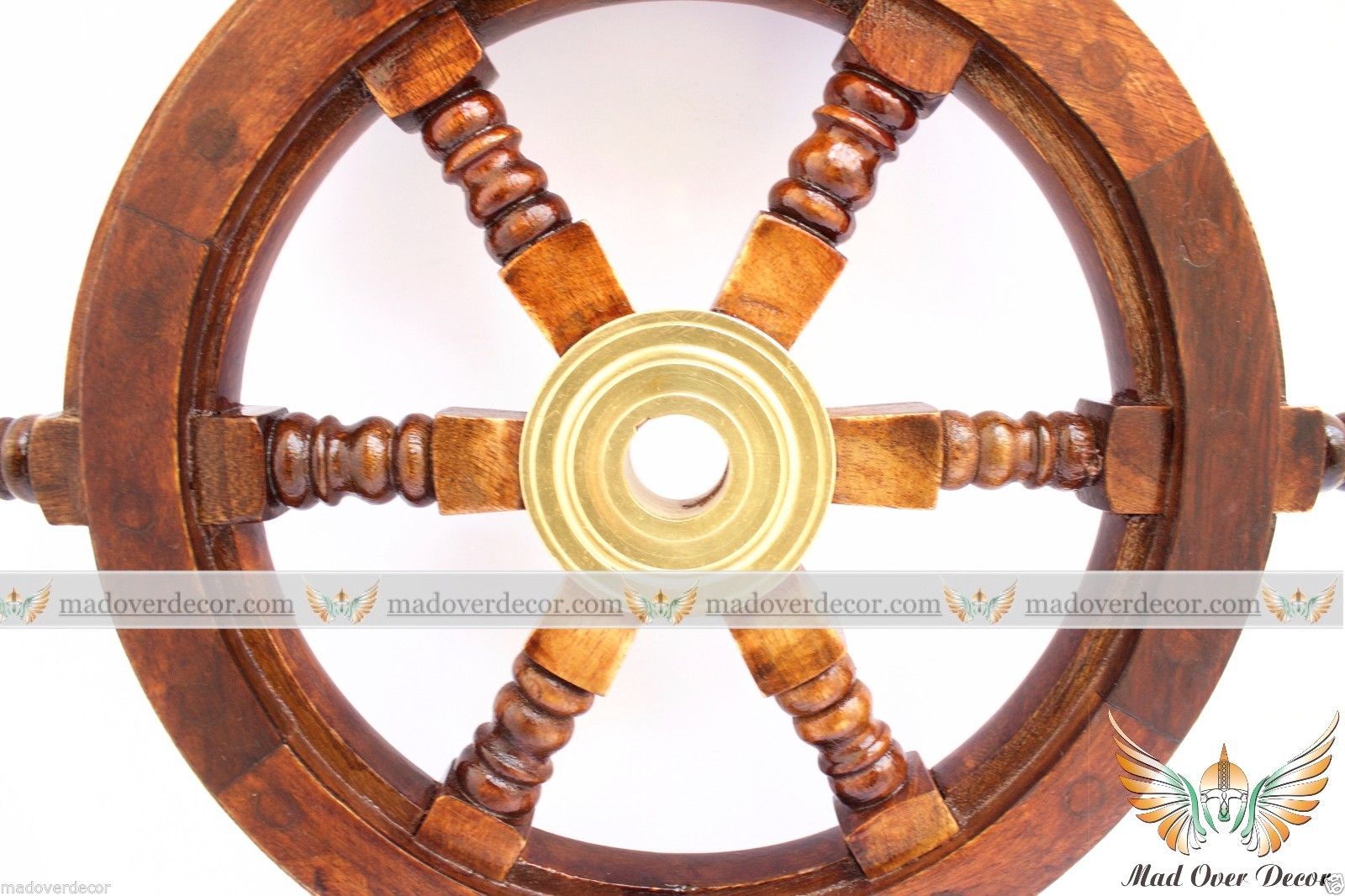 NAUTICAL WOODEN SHIP STEERING WHEEL PIRATE DECOR WOOD BRASS WALL BOAT CAPTAIN