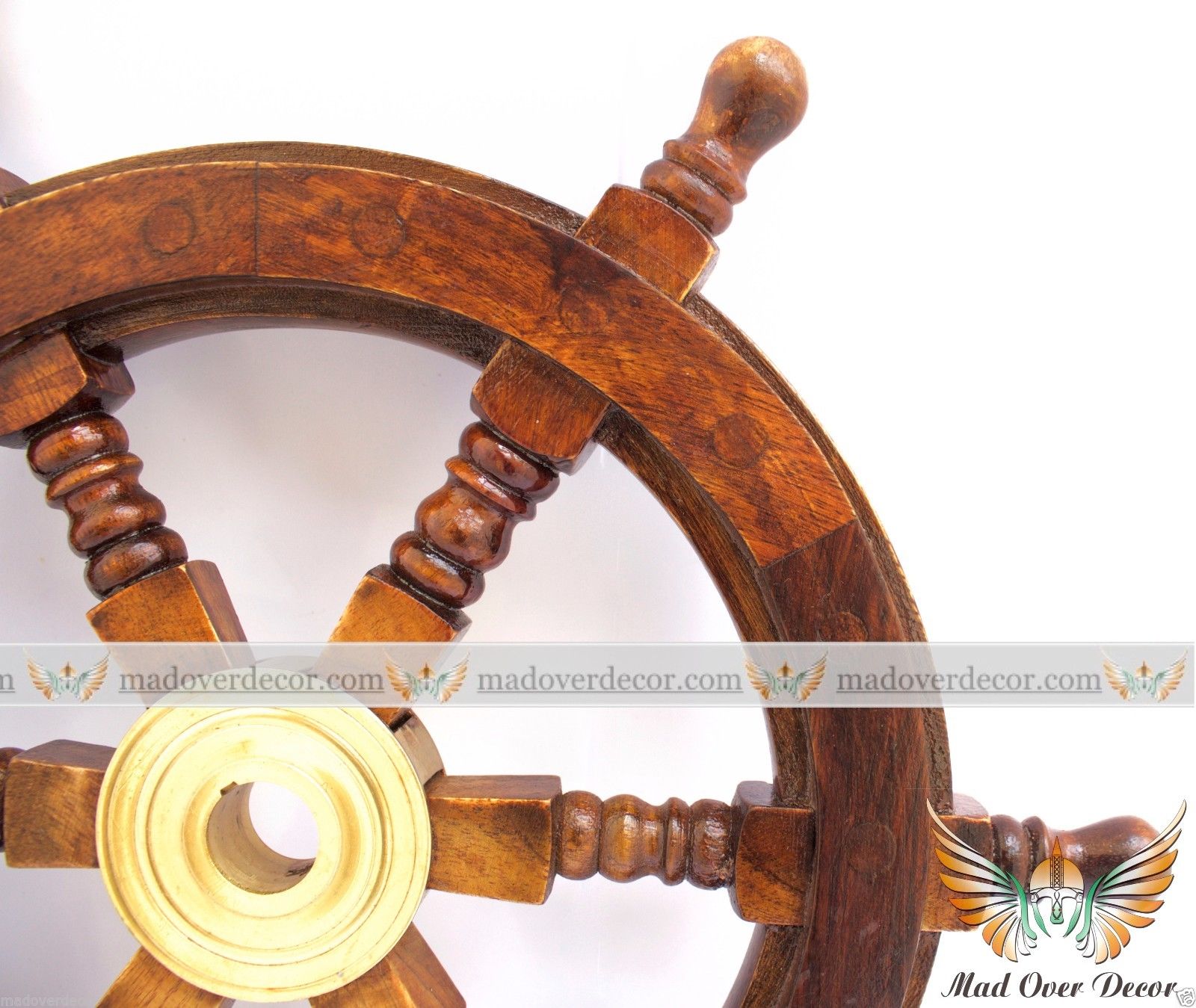 NAUTICAL WOODEN SHIP STEERING WHEEL PIRATE DECOR WOOD BRASS WALL BOAT CAPTAIN