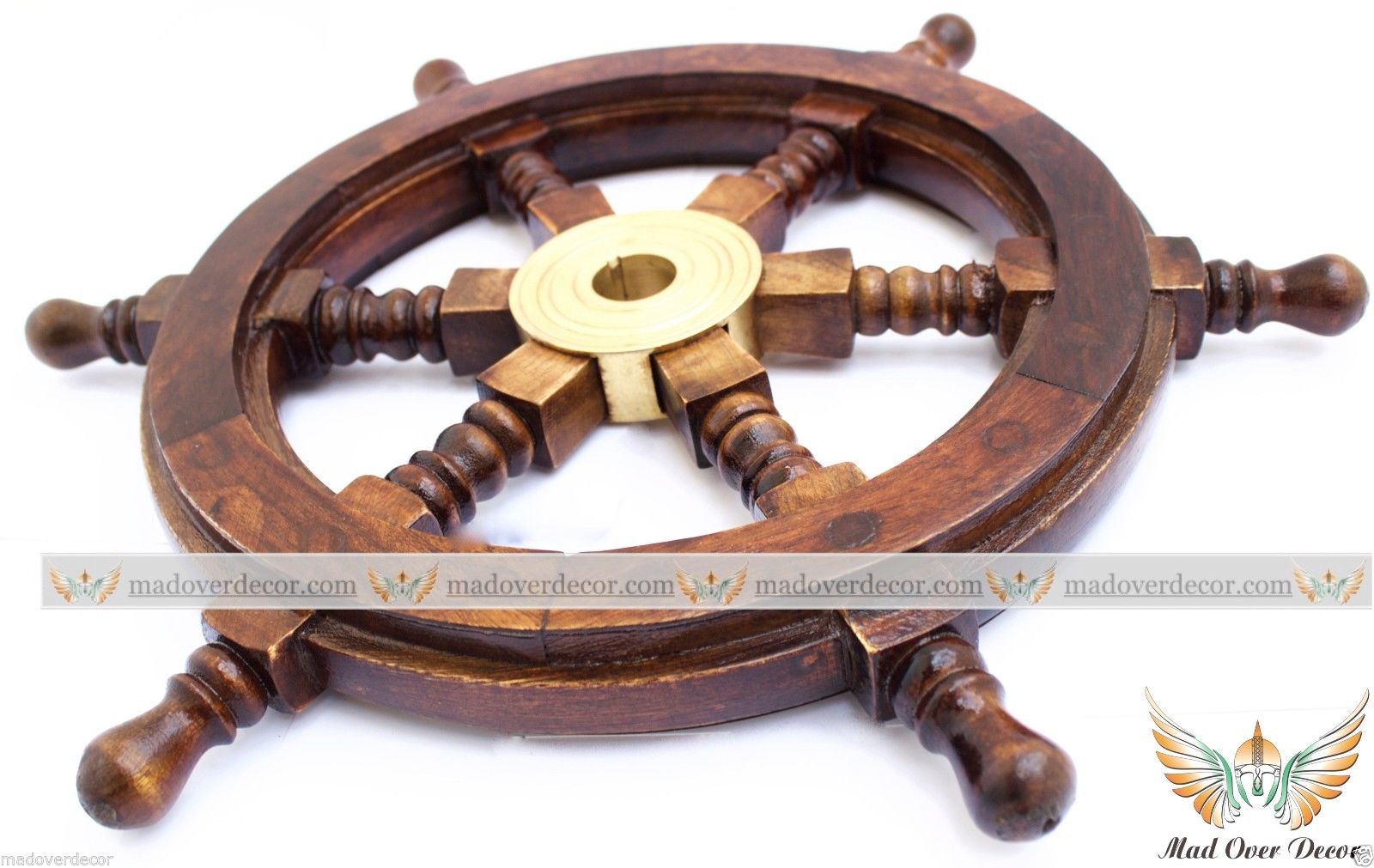 NAUTICAL WOODEN SHIP STEERING WHEEL PIRATE DECOR WOOD BRASS WALL BOAT CAPTAIN