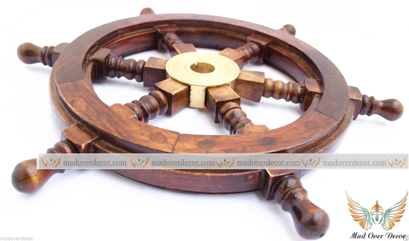 NAUTICAL WOODEN SHIP STEERING WHEEL PIRATE DECOR WOOD BRASS WALL BOAT CAPTAIN