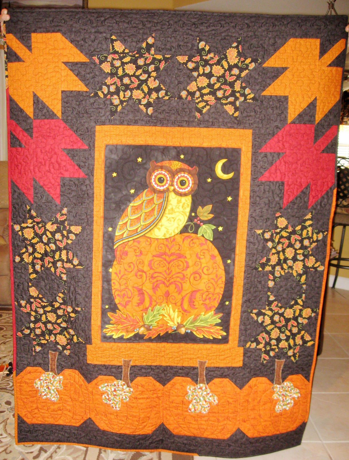 Night Watchman Quilt (handmade)  Owl and Pumpkins