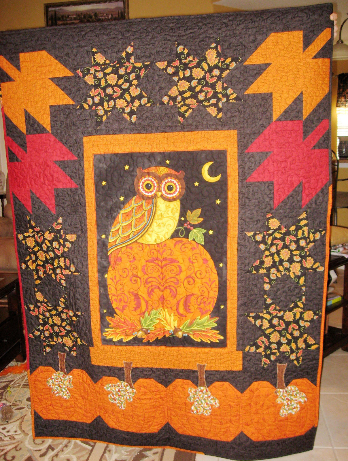 Night Watchman Quilt (handmade)  Owl and Pumpkins