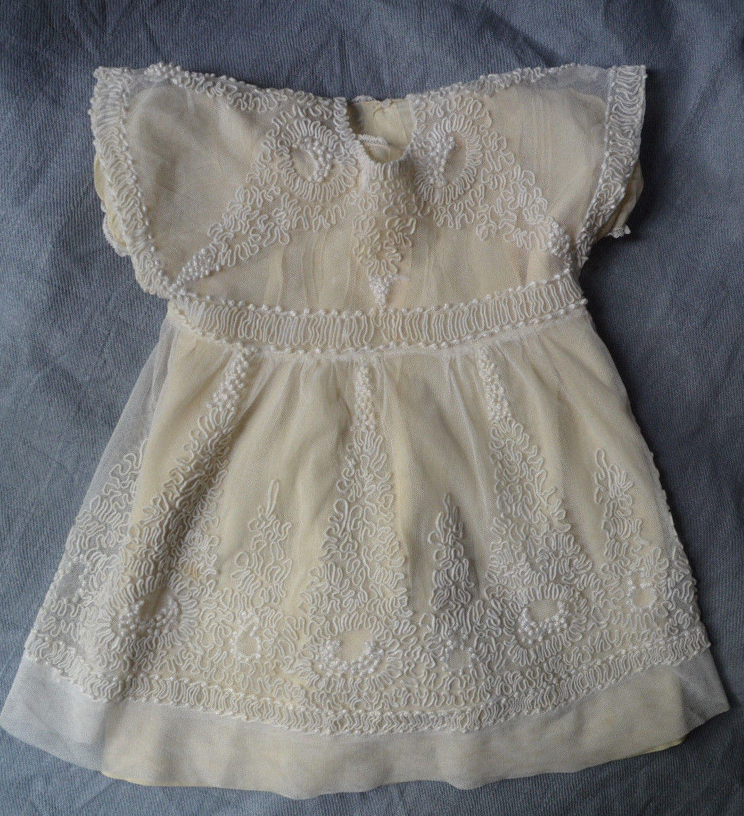 Antique French hand made lace tulle childs' dress, vermiculage embroidery