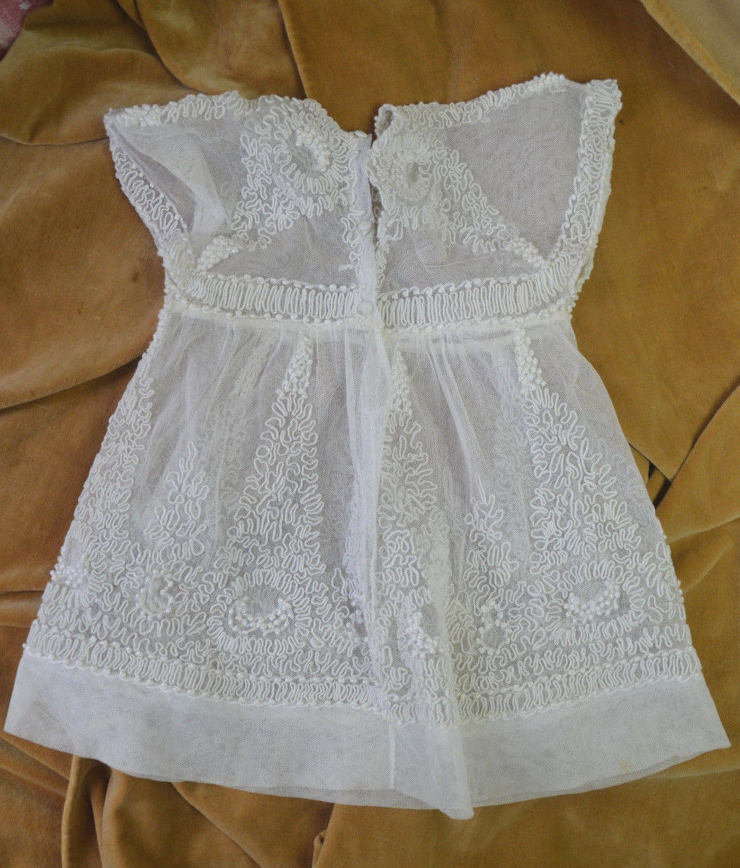 Antique French hand made lace tulle childs' dress, vermiculage embroidery