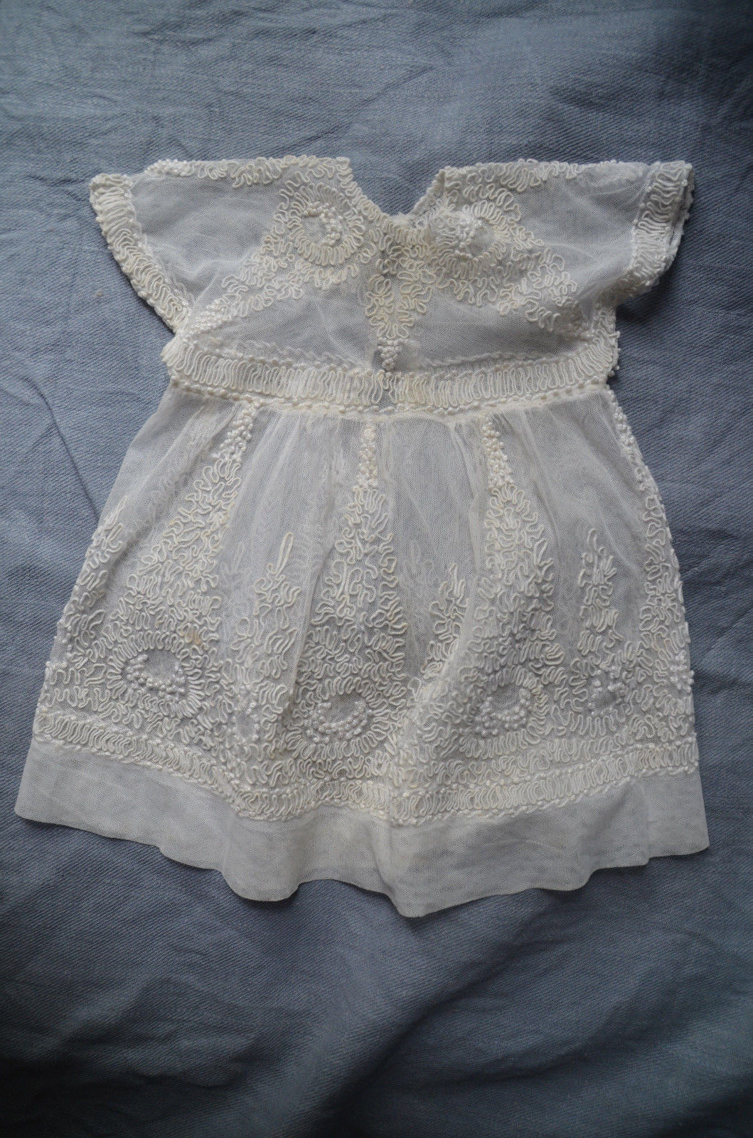 Antique French hand made lace tulle childs' dress, vermiculage embroidery