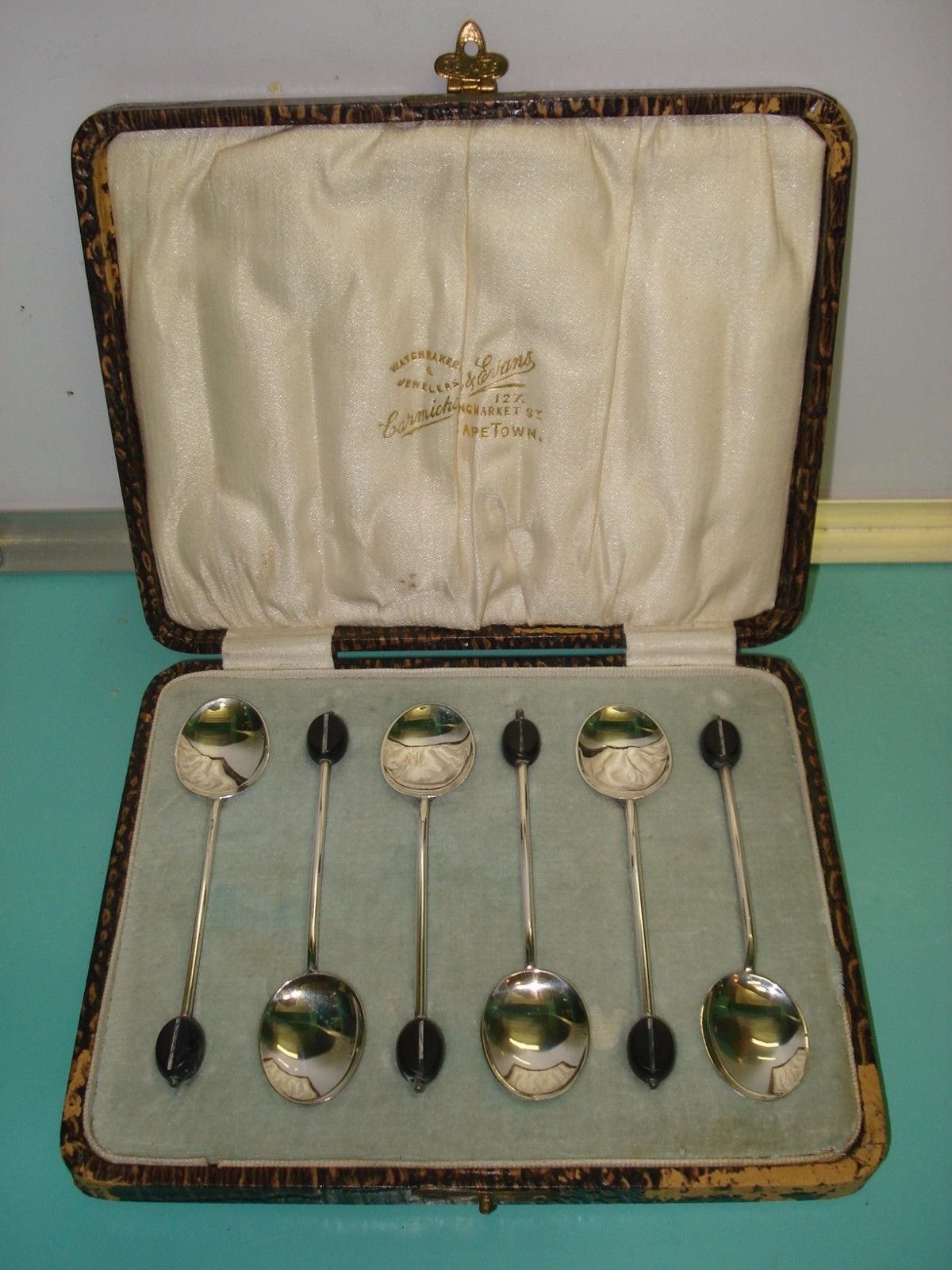 6pc Sterling solid hallmark Silver 925 Art Nouveau coffee bean tea spoon box set