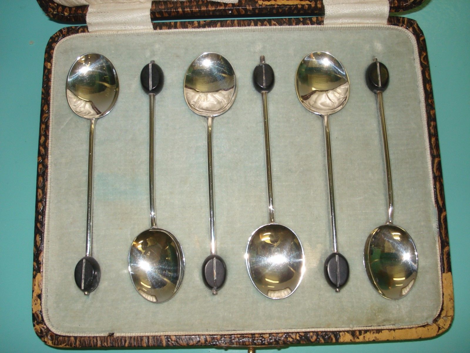 6pc Sterling solid hallmark Silver 925 Art Nouveau coffee bean tea spoon box set