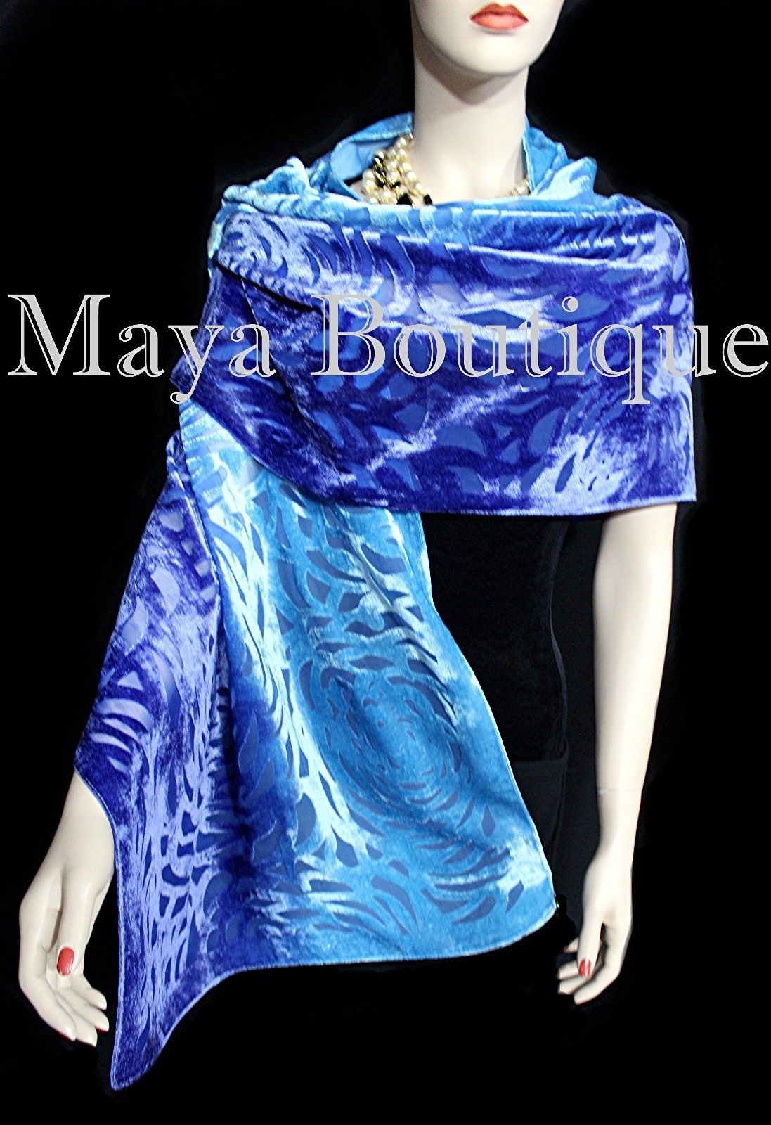 Maya Matazaro Hand Dyed Turquoise Blue Camellia Shawl Wrap Scarf Burnout Velvet