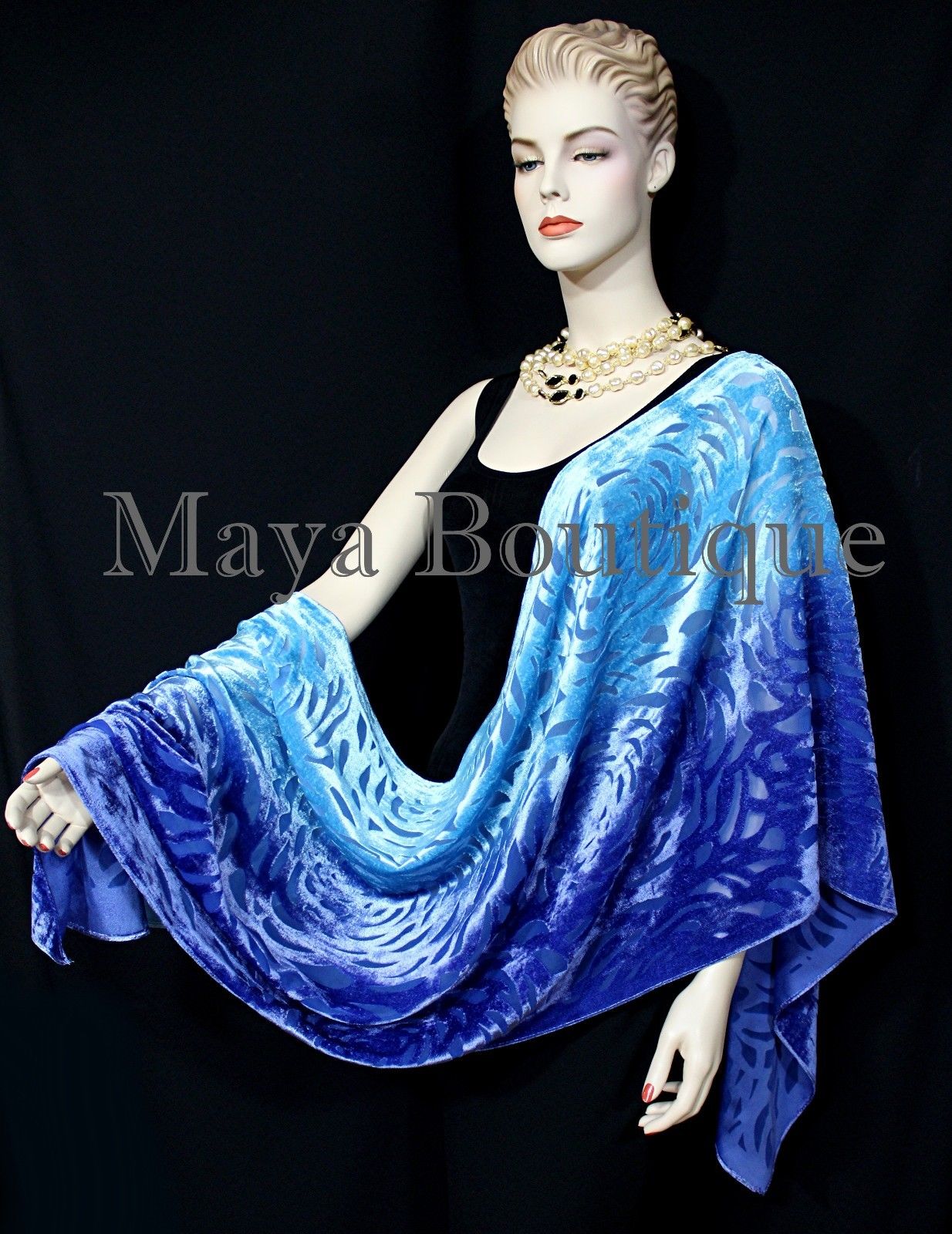 Maya Matazaro Hand Dyed Turquoise Blue Camellia Shawl Wrap Scarf Burnout Velvet