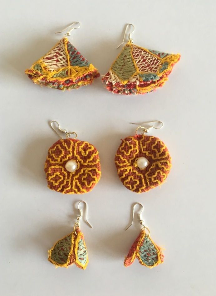 Vintage Old 3 Pair Set Ethnic Textile Hand Made Stylish Elegant Earrings