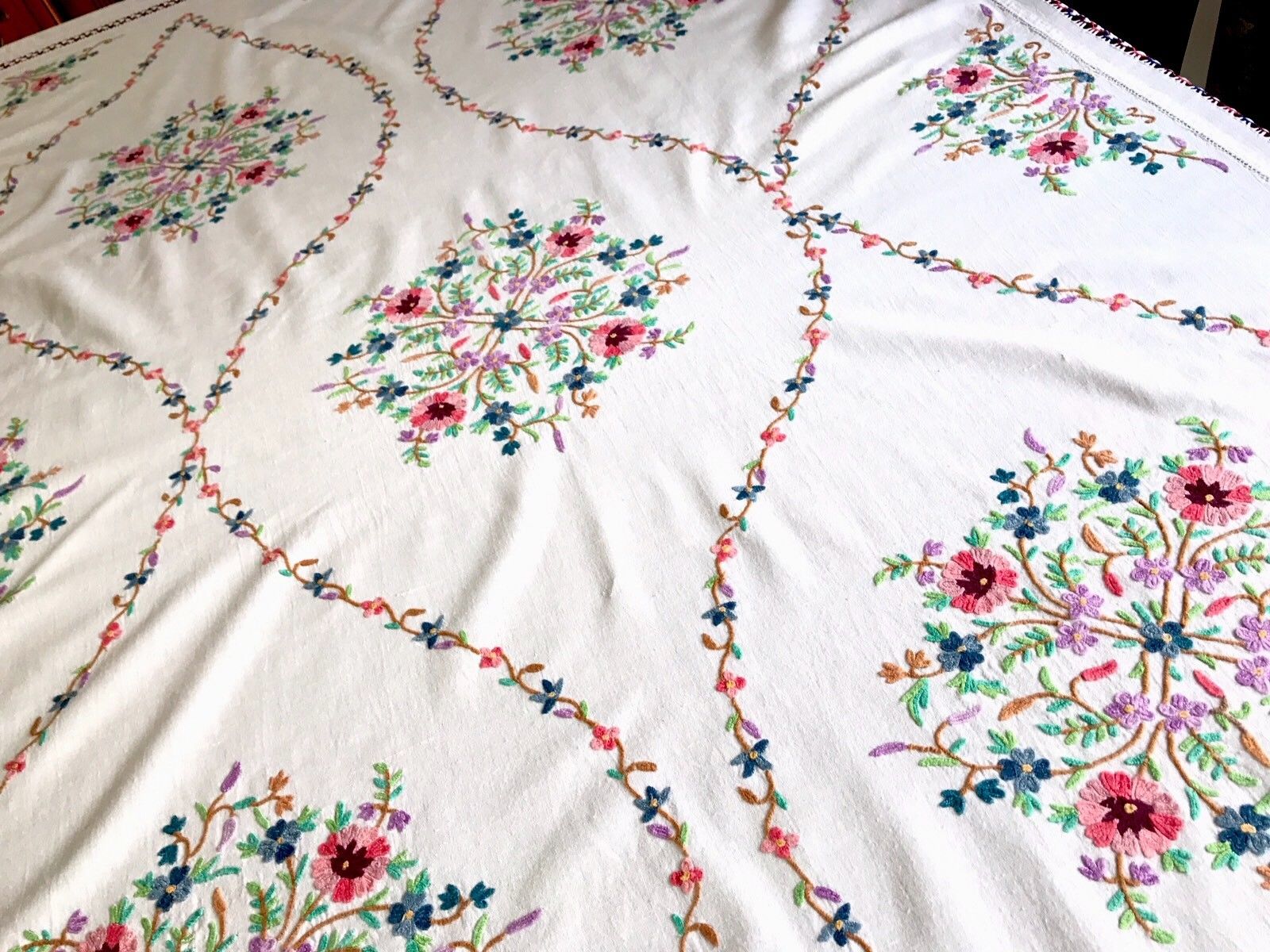 Beautiful Large Vintage Hand Embroidered FLOWERS White Cotton Tablecloth 59x86"