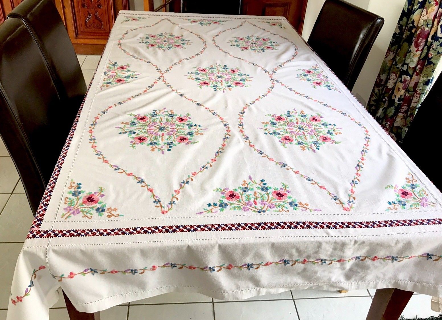 Beautiful Large Vintage Hand Embroidered FLOWERS White Cotton Tablecloth 59x86"