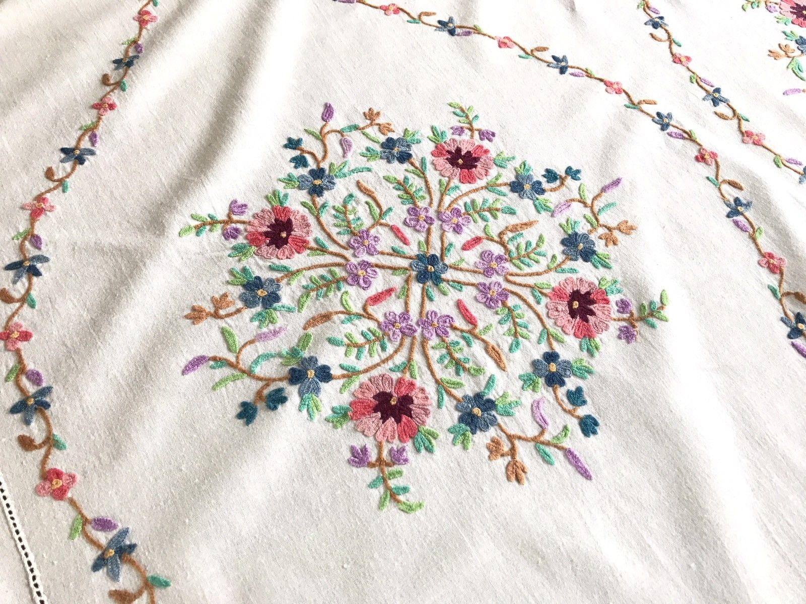 Beautiful Large Vintage Hand Embroidered FLOWERS White Cotton Tablecloth 59x86"