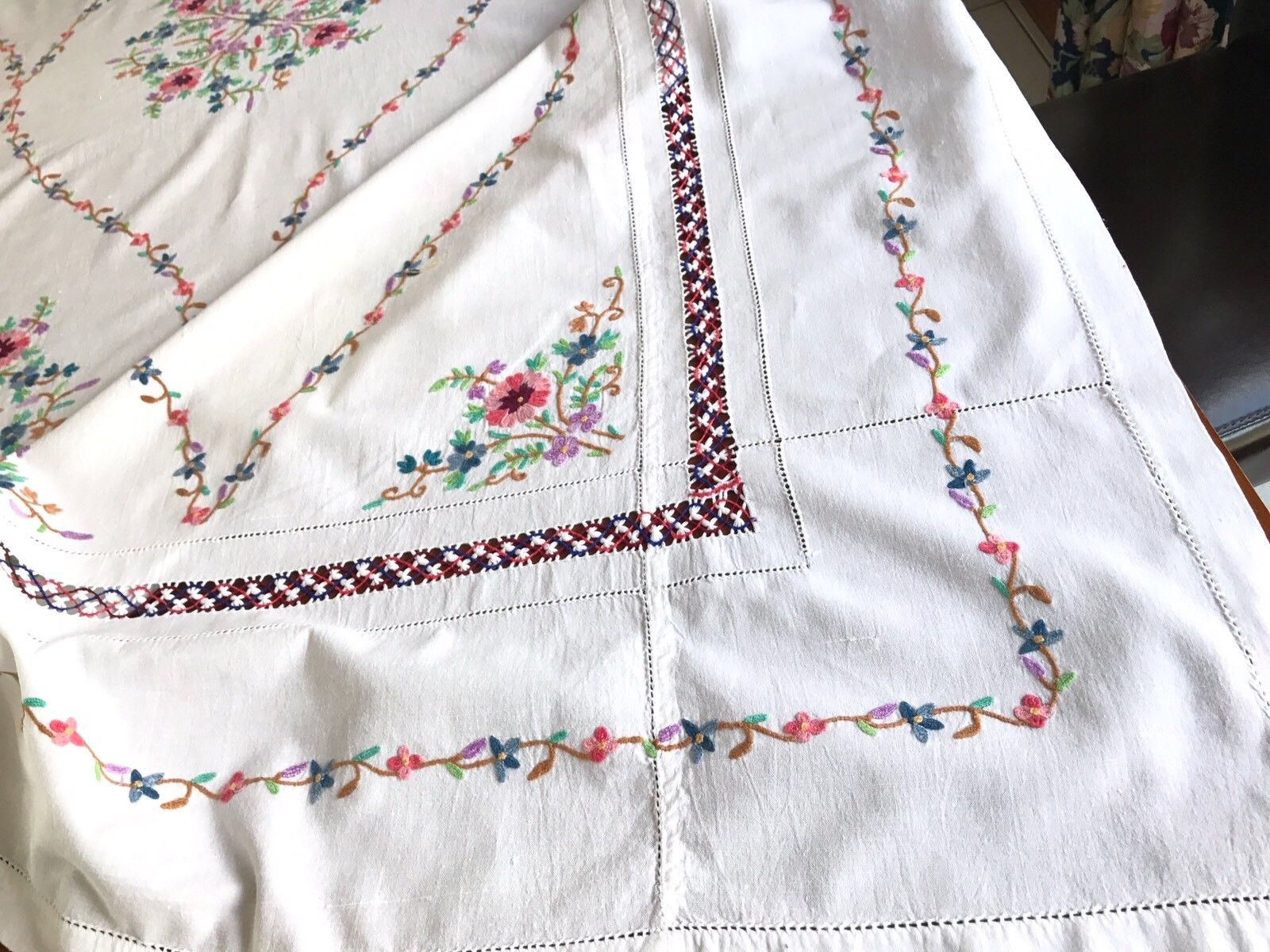 Beautiful Large Vintage Hand Embroidered FLOWERS White Cotton Tablecloth 59x86"