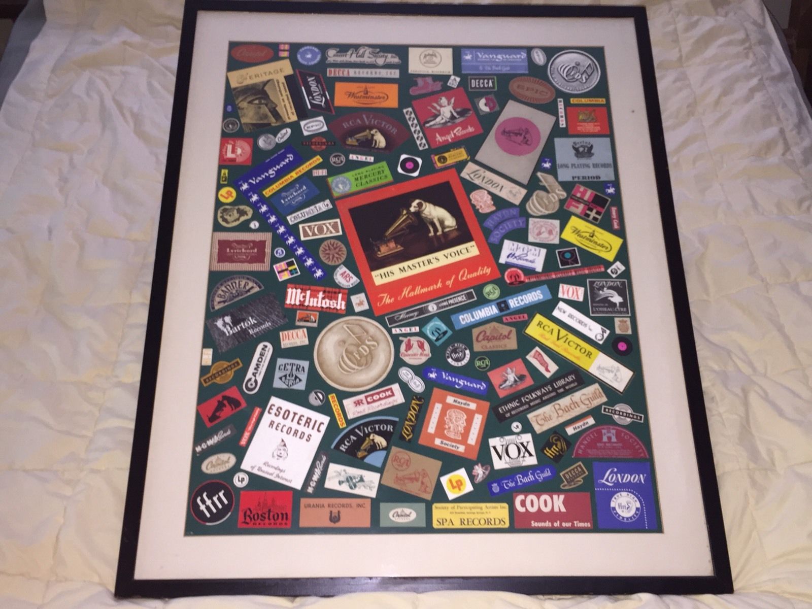 Vintage Collage Of Record Labels Framed 33 1/4" X 27 1/4"