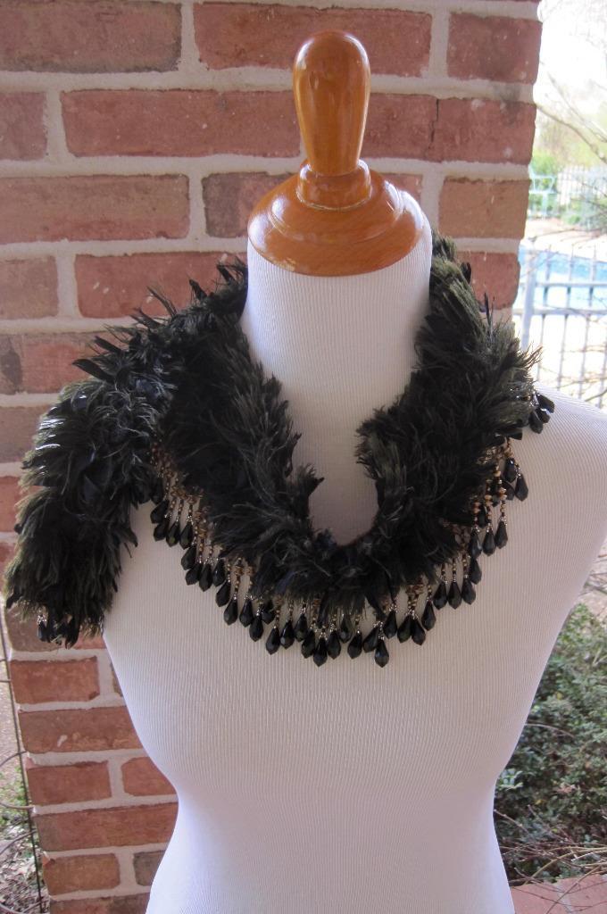 Pulled Silk Scarf Collar Black Gold  Bead Fringe Memphis Designer Wearable Art