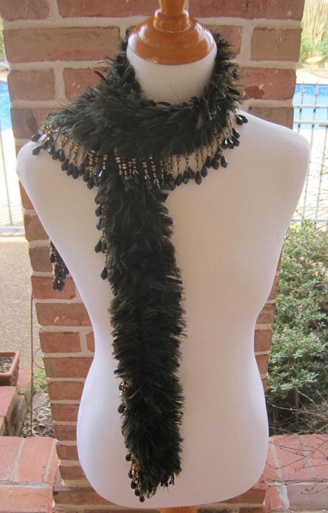 Pulled Silk Scarf Collar Black Gold  Bead Fringe Memphis Designer Wearable Art