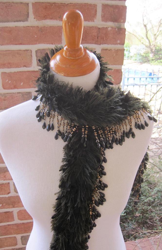 Pulled Silk Scarf Collar Black Gold  Bead Fringe Memphis Designer Wearable Art