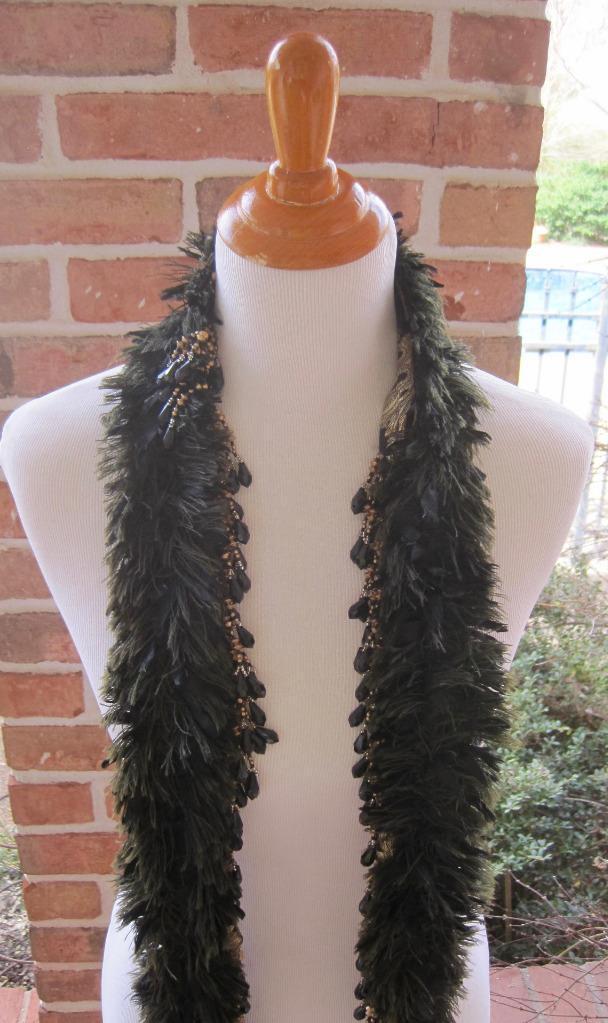 Pulled Silk Scarf Collar Black Gold  Bead Fringe Memphis Designer Wearable Art