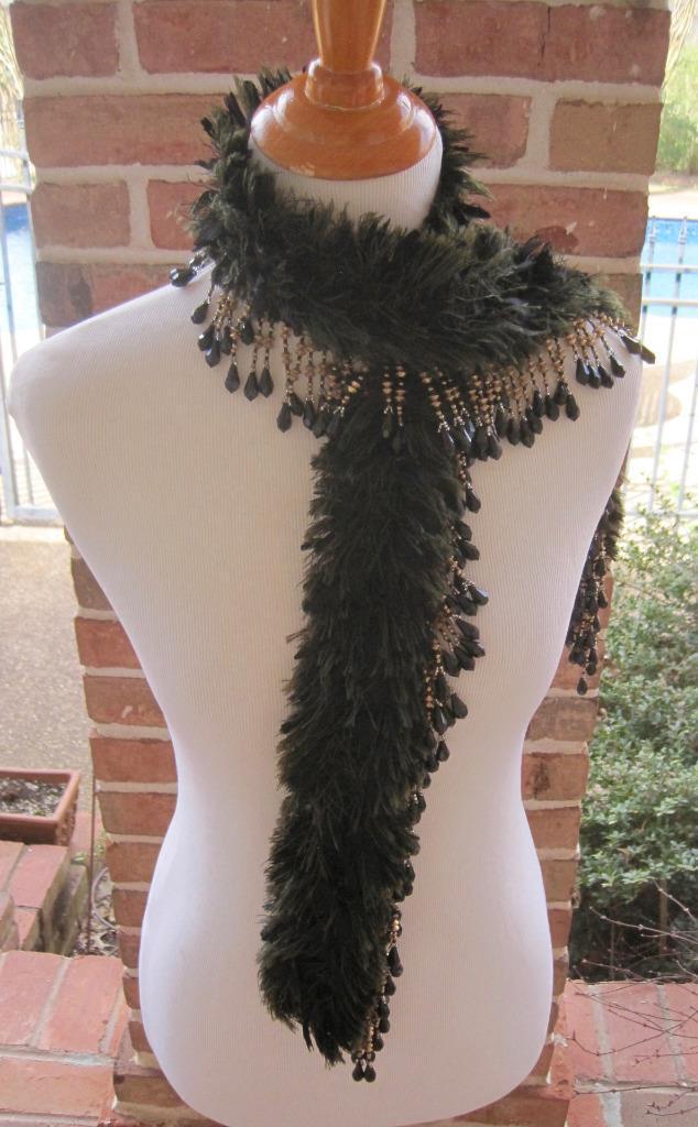 Pulled Silk Scarf Collar Black Gold  Bead Fringe Memphis Designer Wearable Art