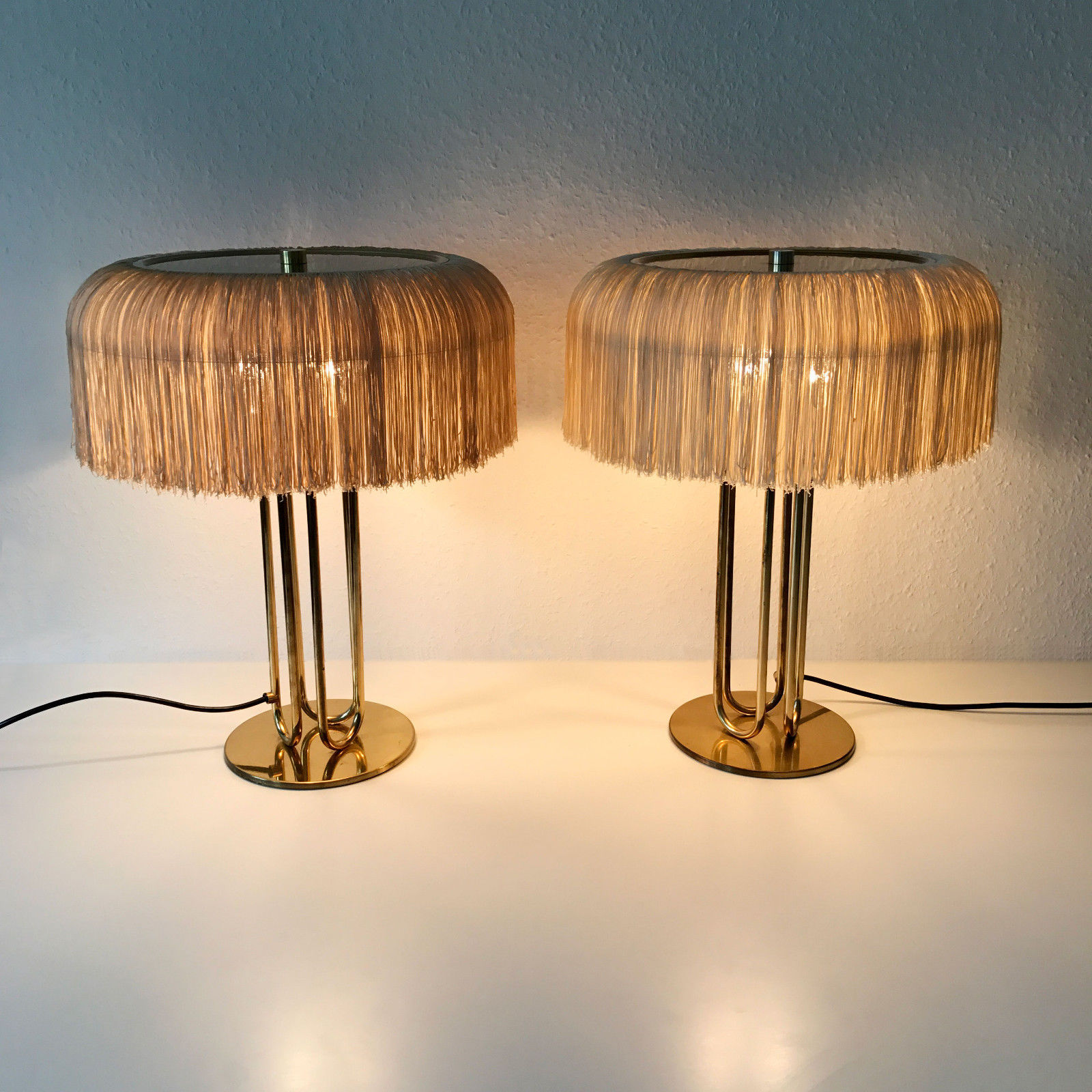 PAIR of XL Mid Century SILK FRINGE Brass TABLE LAMP Hans-Agne JAKOBSSON Markaryd