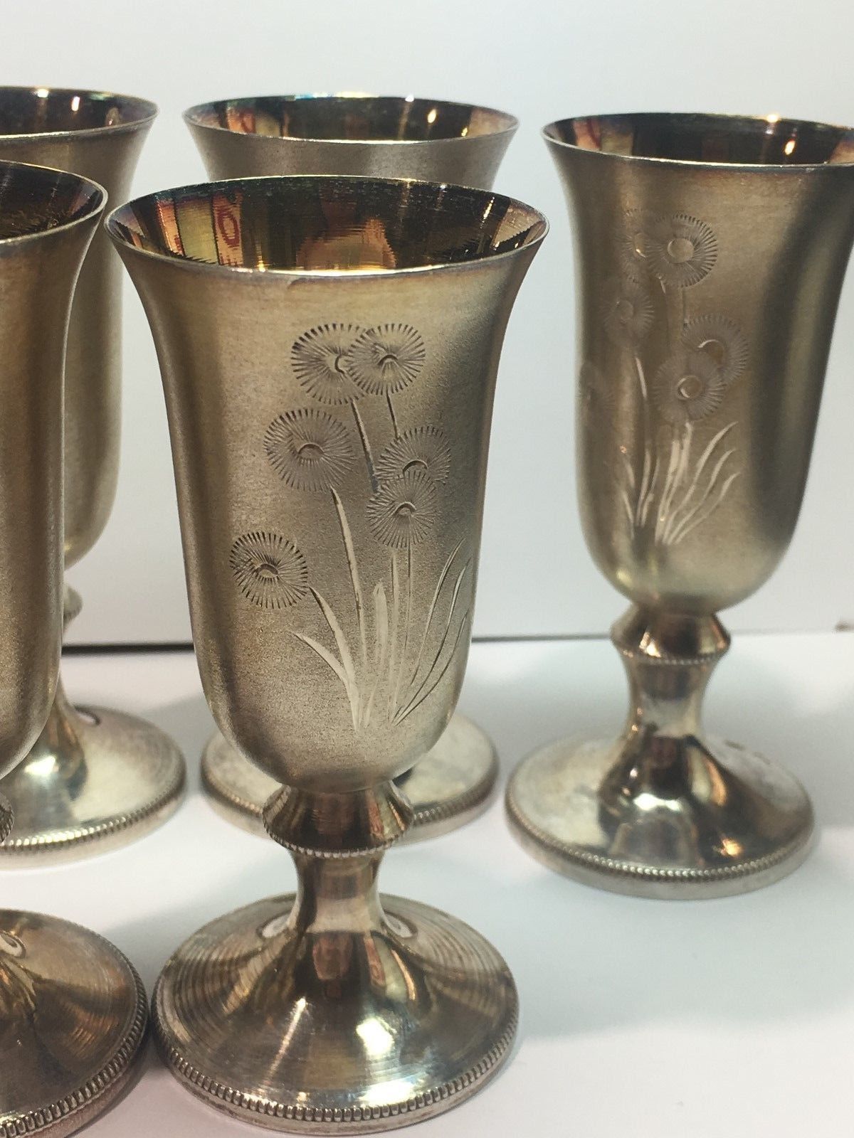 Antique Vintage Russian 916 Sterling Silver Shotglasses Set of 6 with Gold Gilt