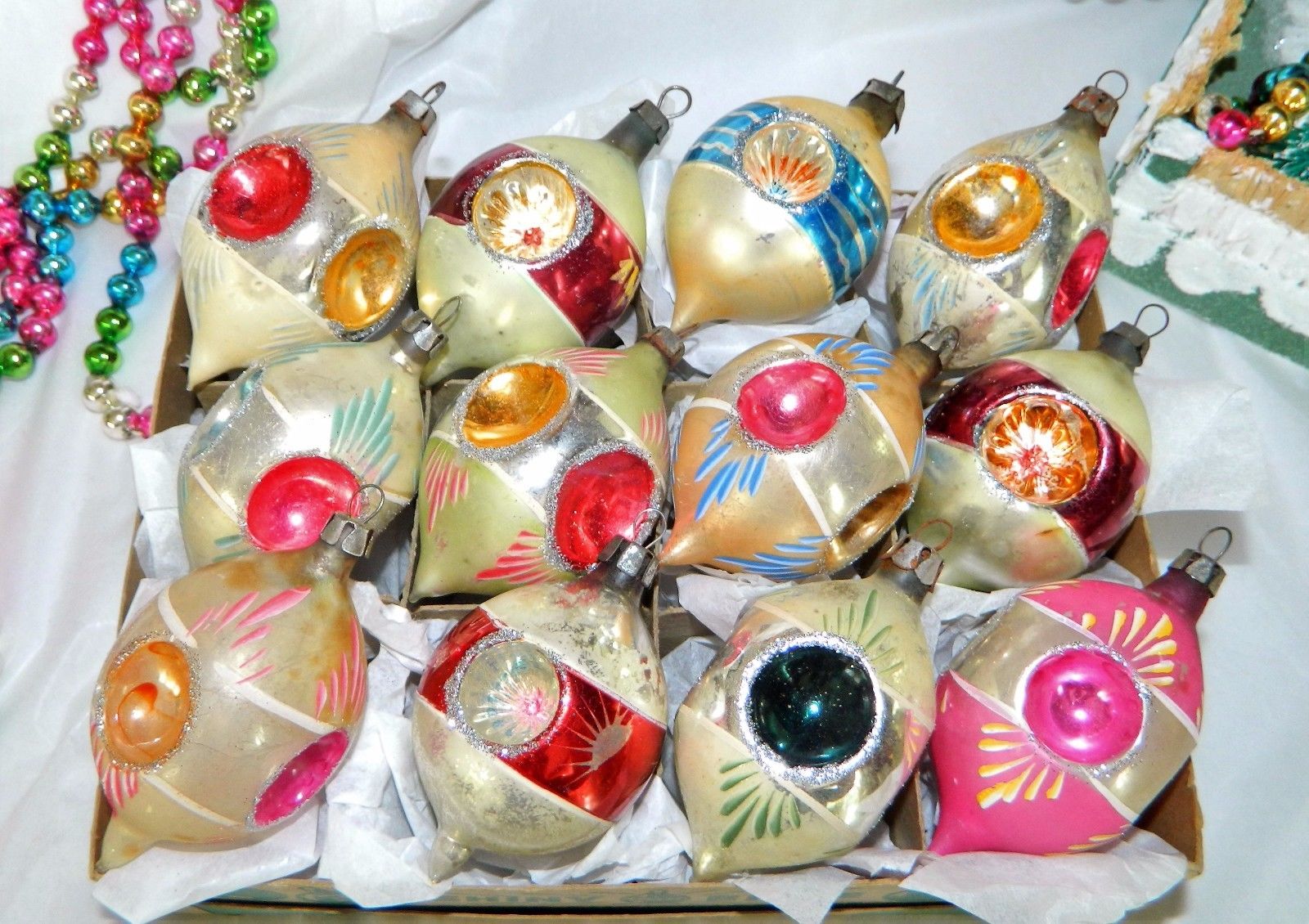 ANTIQUE Vintage FEATHER TREE Glass Christmas Ornaments RARE QUAD INDENTS !