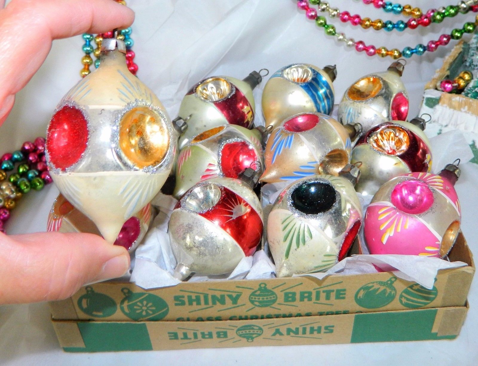 ANTIQUE Vintage FEATHER TREE Glass Christmas Ornaments RARE QUAD INDENTS !