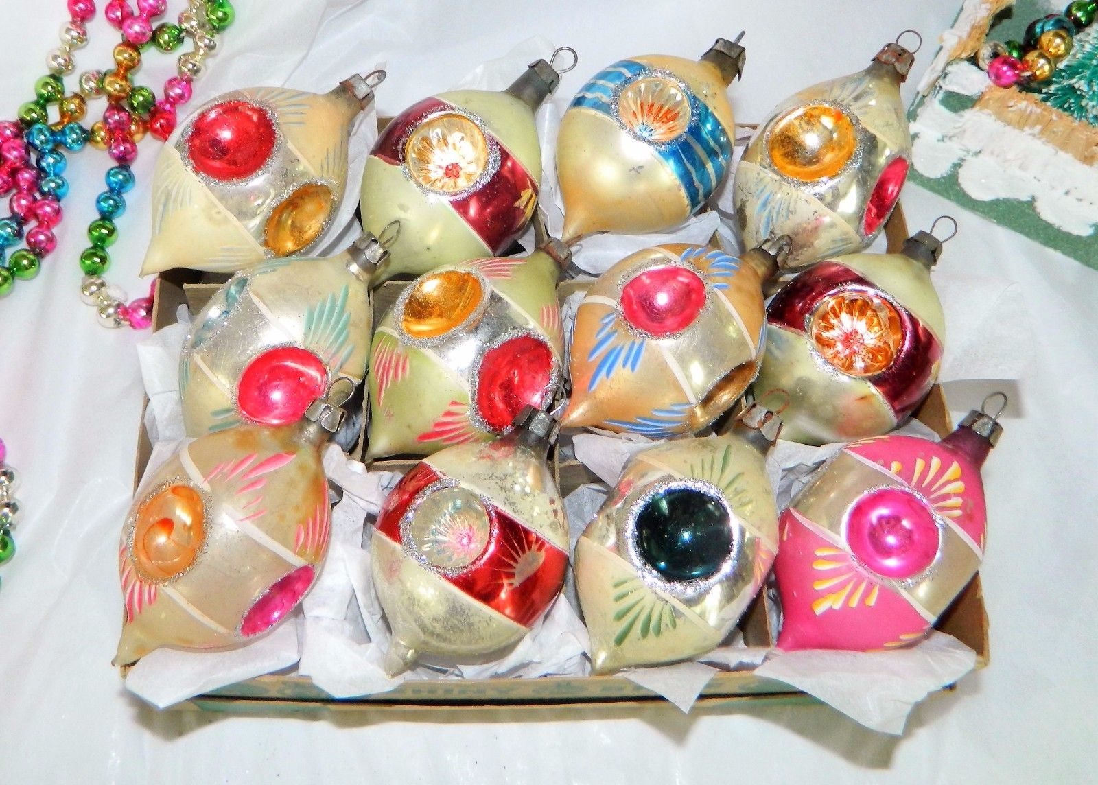 ANTIQUE Vintage FEATHER TREE Glass Christmas Ornaments RARE QUAD INDENTS !