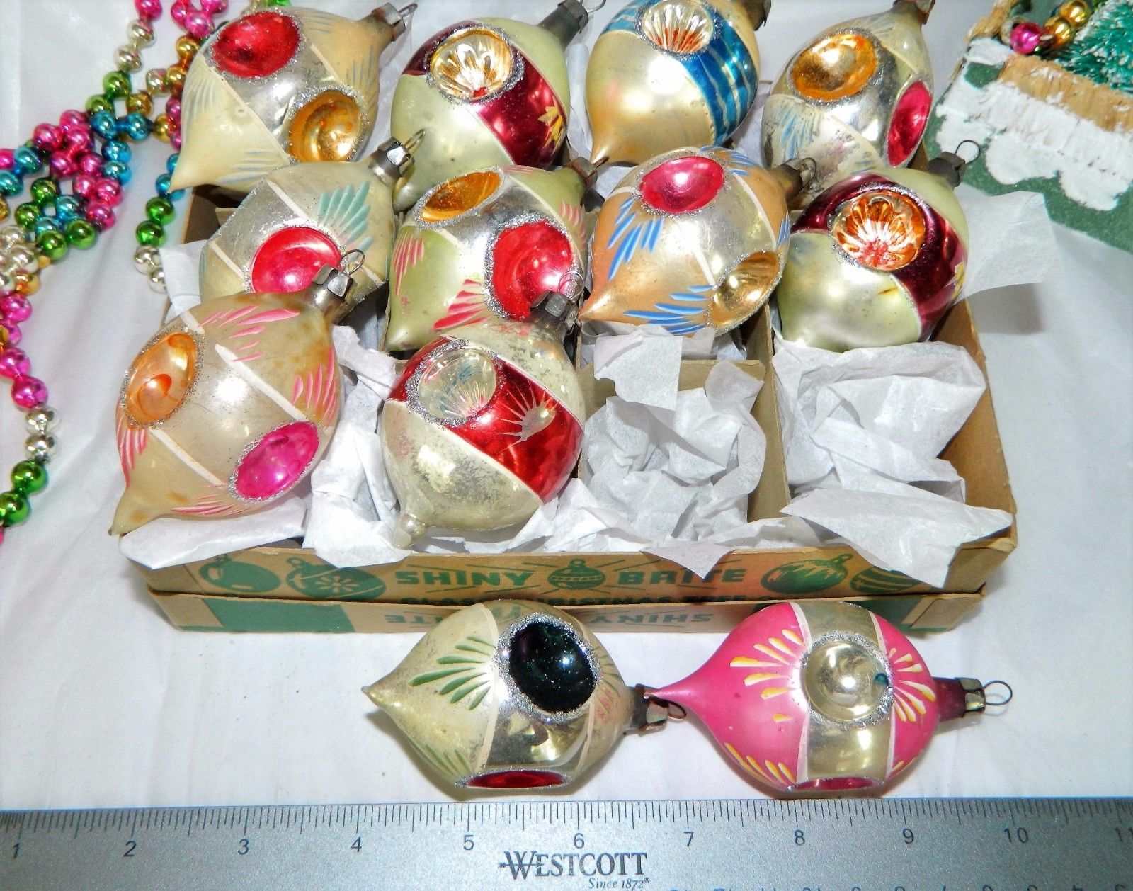 ANTIQUE Vintage FEATHER TREE Glass Christmas Ornaments RARE QUAD INDENTS !