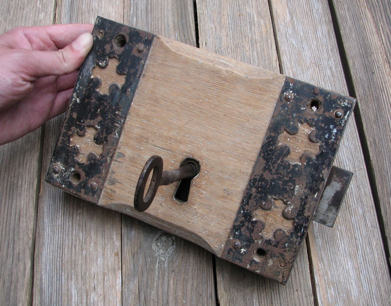 Old Large Church Oak and Iron Door Lock  - WITH KEY / Wood / Wooden Gothic