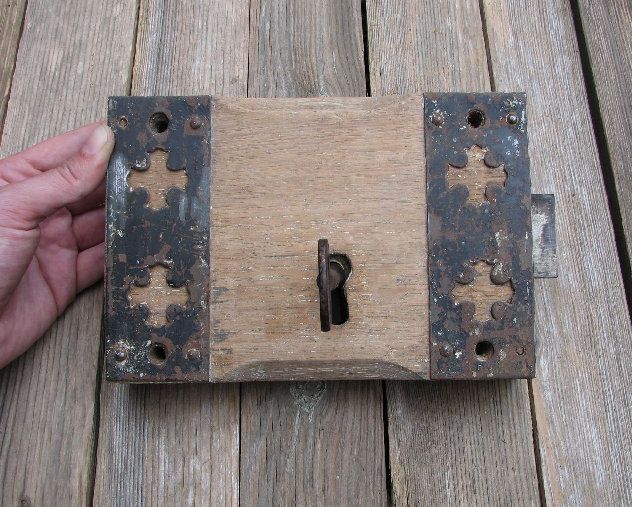 Old Large Church Oak and Iron Door Lock  - WITH KEY / Wood / Wooden Gothic