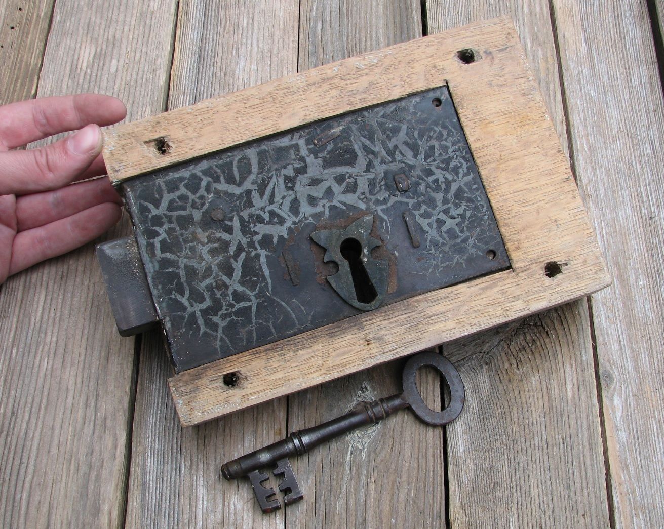 Old Large Church Oak and Iron Door Lock  - WITH KEY / Wood / Wooden Gothic