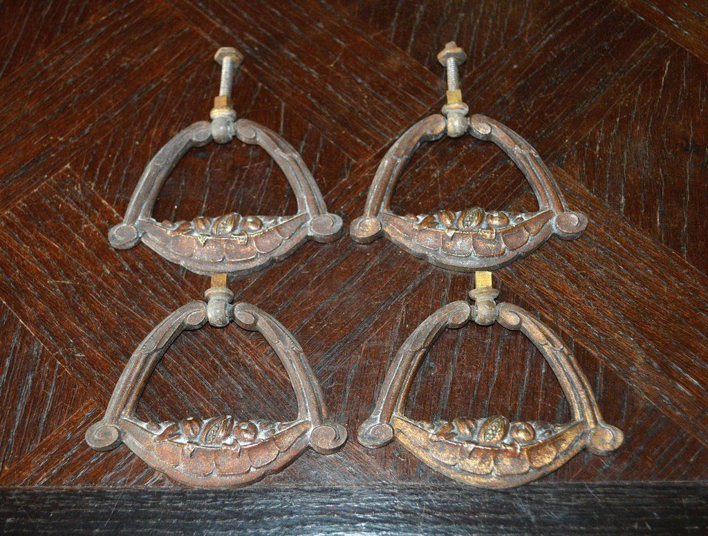 Antique French Set of 4 Bronze Drawer Pulls Handles Fruit Basket Design