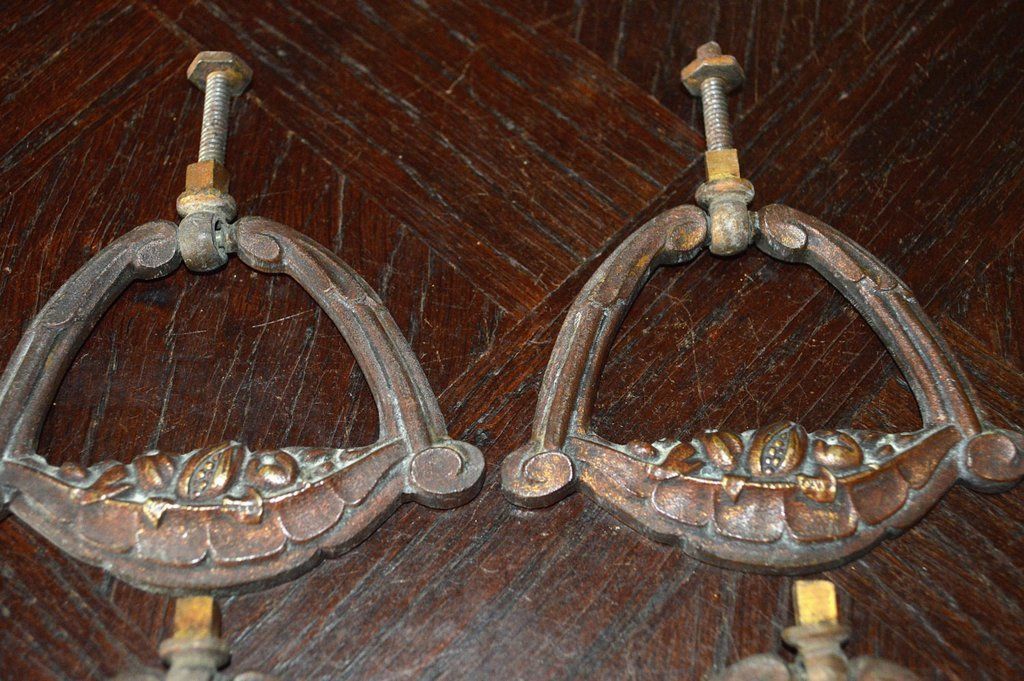 Antique French Set of 4 Bronze Drawer Pulls Handles Fruit Basket Design