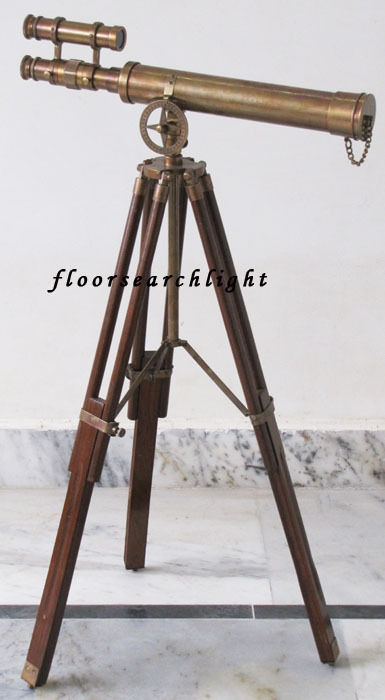Antique Finish Nautical Brass Double Barrel Telescope Wooden Tripod Stand