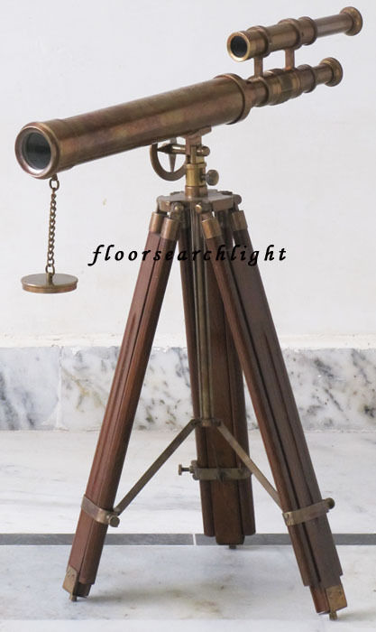 Antique Finish Nautical Brass Double Barrel Telescope Wooden Tripod Stand