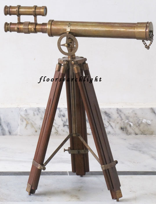 Antique Finish Nautical Brass Double Barrel Telescope Wooden Tripod Stand